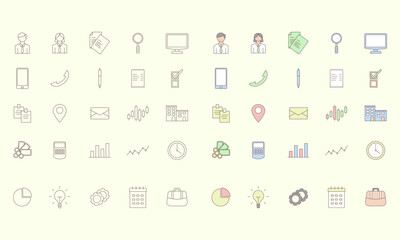 Business theme icon set. Outline and colored icons. Office theme. Vector illustration.