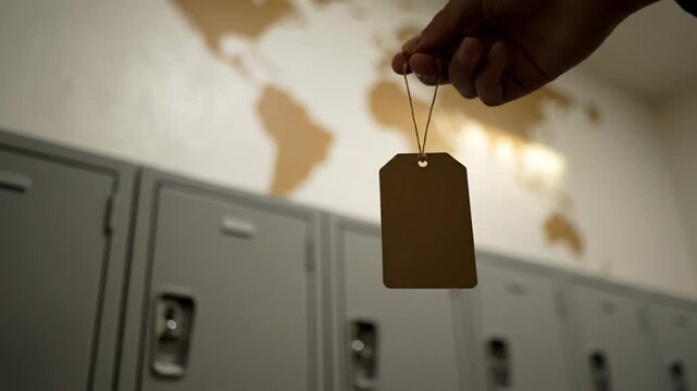 A person's hand holds a blank brown tag against a backdrop of lockers and a world map, symbolizing travel, business, or a message.