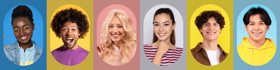 A lively collage features six diverse individuals smiling in colorful settings.