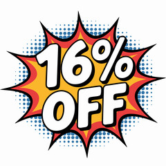 Eye-catching 16% Off Sale Announcement in Pop Art Style with Starburst Background and Bold Typography for Promotions and Discounts