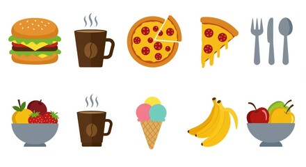 Assortment of food icons including pizza burger fruits and beverages illustration