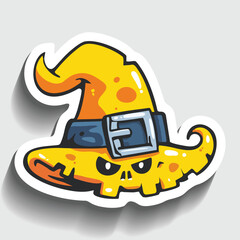 Spooky Witch Hat Sticker. Cartoon Halloween Headwear with Skull Face Vector Illustration.
