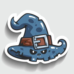 Spooky Witch Hat Sticker. Cartoon Halloween Headwear with Skull Face Vector Illustration.