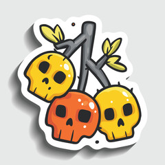 Halloween Skulls on Branch Sticker. Spooky Cartoon Skull Decoration Vector Illustration.
