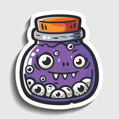 Halloween Monster Potion Jar with Eyeballs Sticker. Spooky Eyeball Creature Cartoon Vector Illustration.