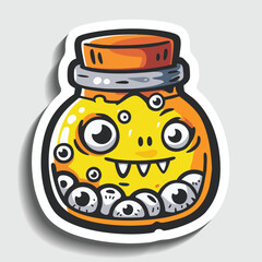 Halloween Monster Potion Jar with Eyeballs Sticker. Spooky Eyeball Creature Cartoon Vector Illustration.