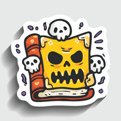 Spooky Spell Book Sticker. Cartoon Halloween Magic Tome with Skull Face Vector Illustration.
