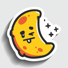 Drowsy Cartoon Moon Sticker. Cute Sleepy Crescent with Stars Vector Illustration.
