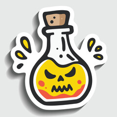 Spooky Potion Bottle Sticker. Halloween Elixir with Skull Face Cartoon Vector Illustration