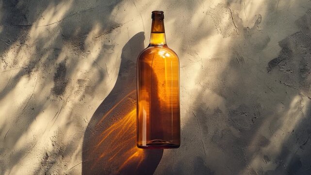 video A single bottle of wine sits atop a stone or brick wall, possibly in an outdoor setting