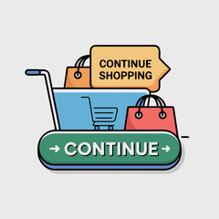 Online Shopping Cart Icon with Bags and Continue Button. E-commerce illustration for retail stores, web design, and sales campaign promotions