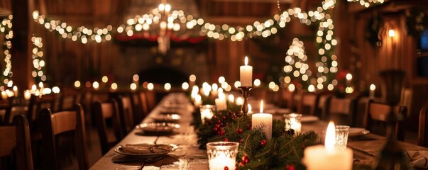 Candlelit Garlands Across Wooden Dining Hall