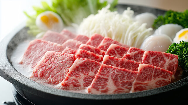 An overhead shot of a beautifully arranged hot pot with an array of fresh ingredients, evoking a sense of culinary delight