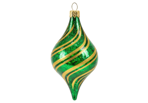 Isolated teardrop-shaped Christmas bauble with gold stripes for traditional decoration