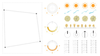 architecture site analysis symbol icon element drawing graphic flat isolated vector. architecture element line sun wind sound sun path vegetation.