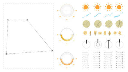 architecture site analysis symbol icon element drawing graphic flat isolated vector. architecture element line sun wind sound sun path vegetation.