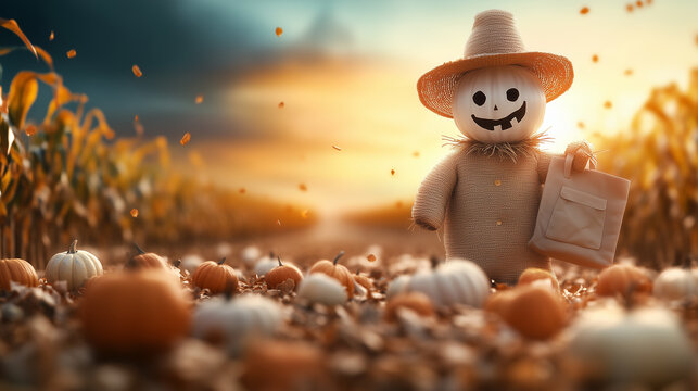 A whimsical scarecrow standing amidst a field of pumpkins during sunset, capturing the essence of autumn harvest