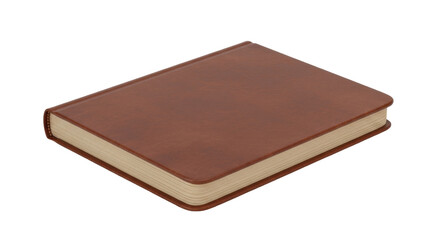 Isolated brown hardcover book lies on surface viewed at angle with visible page edges