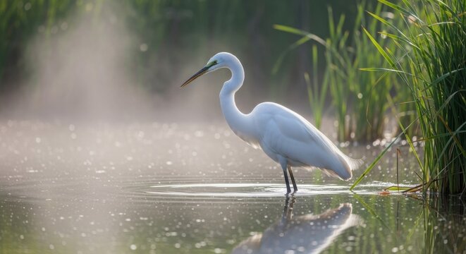 Graceful White Egret Stands in Misty Waters Among Reeds - Powered by Adobe