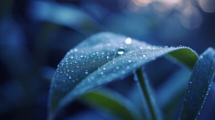Stunning macro photograph of a dark green plant leaf covered in fresh water droplets in a low-light environment.
