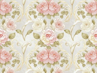 A seamless floral pattern background with elegant roses, lilies, and peonies arranged in perfect symmetry