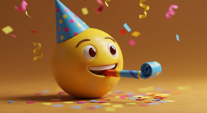 Yellow emoji with party hat and noisemaker - Powered by Adobe