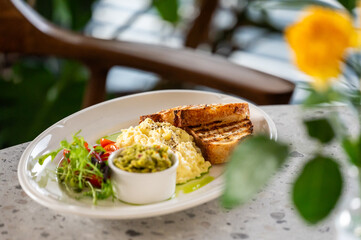 Healthy breakfast plate with scrambled eggs, toast, avocado mash, mixed greens, and cherry tomatoes, served on white ceramic dish with green sauce garnish, top view