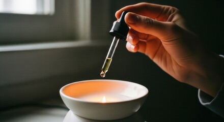 Hand dripping essential oil into a candle oil burner for aromatherapy