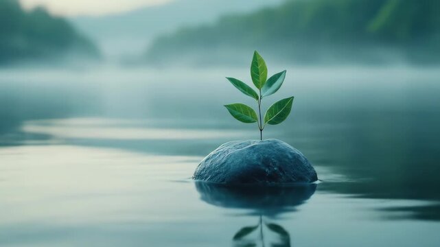Sapling on rock in water with hazy background