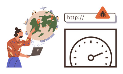 Woman with laptop pointing at globe with location pins, browser showing malware warning, speedometer gauge. Ideal for cybersecurity, performance monitoring, data flows, analytics, digital safety