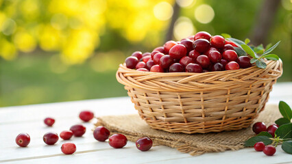 Cranberry in basket on white surface in garden in natural warm sunlight background