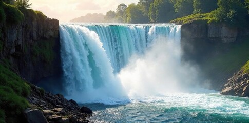 Naklejka premium Dramatic Waterfall Cascade Sunlit Torrent of Water Droplets Over Rocks