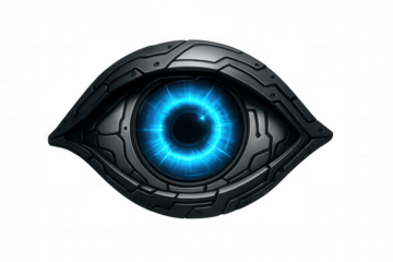 Futuristic robotic eye with glowing blue light, depicting artificial intelligence and surveillance technology on transparent background