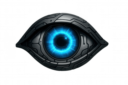 Futuristic robotic eye with glowing blue light, depicting artificial intelligence and surveillance technology on transparent background