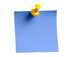 Blue sticky note with yellow pushpin on transparent background