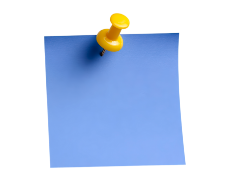 Blue sticky note with yellow pushpin on transparent background