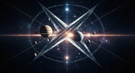 Cosmic abstract art planets, light beams, and a star-filled background