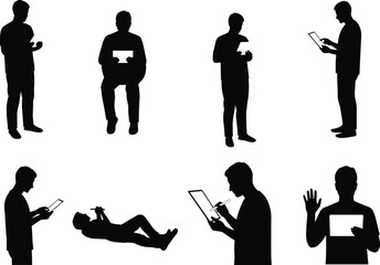 Silhouettes of people using tablets and smartphones, standing, sitting, lying down, waving, interacting, digital lifestyle, casual posture, modern technology behavior © LITON
