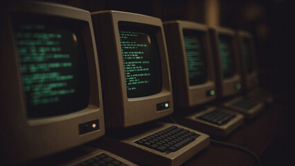A nostalgic, cinematic view of vintage computer terminals arranged in a line, evoking a sense of the early days of technology and information.