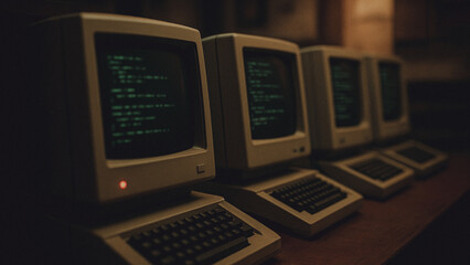 Vintage computers, screen display lines of code, forming a digital haven reminiscent of the digital age. The scene evokes nostalgia for the early days of computing.
