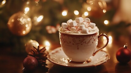 Warm marshmallow dessert beverage on christmas decorated table with festive