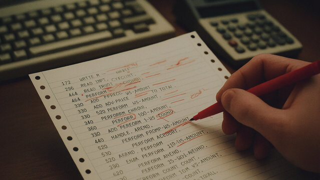 A close-up captures the meticulous detail of coding with red pen on paper, adjacent vintage keyboard and calculator.