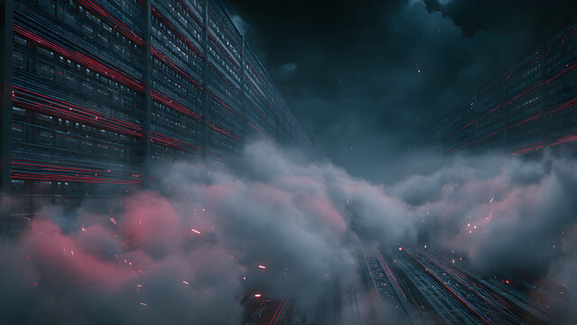 A futuristic and abstract representation of an explosion or energy release within a digital or virtual environment. Red and white smoke clouds move through a glowing red grid structure, creating a hig