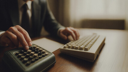 A vintage office scene of a man using a calculator and keyboard. This scene suggests a journey into the past and invokes themes of precision and financial analysis.