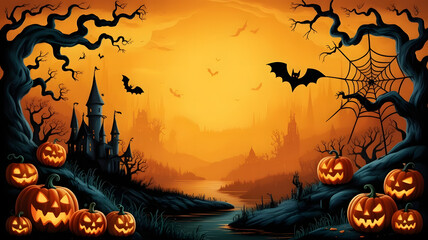 Happy halloween holiday concept. Halloween decorations, bats, ghosts on orange background