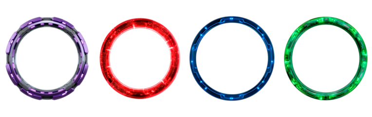 Futuristic neon rings: purple, red, blue, and green circular designs on transparent background
