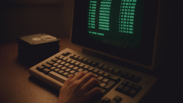 A captivating glimpse into the world of vintage technology, a hand meticulously typing on an old keyboard, lines of code displayed on the green-screen monitor.