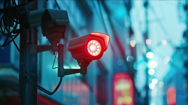 This is a nighttime urban scene with illuminated security cameras. The camera lights are on, adding a sense of surveillance to the .
