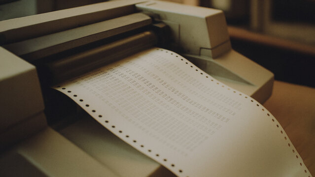 An antique dot matrix printer, spewing out a stream of data on perforated paper, offers a glimpse into the evolution of technology.