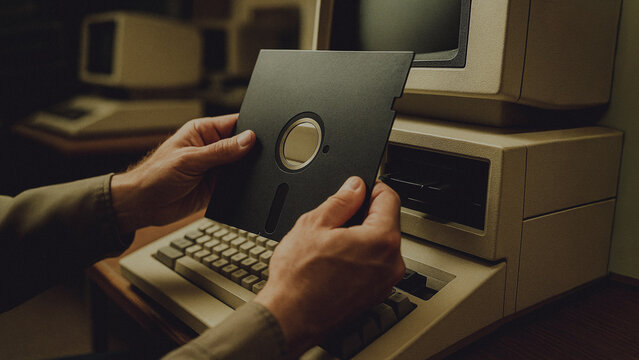A person carefully inserts a classic floppy disk into an antique computer system, evoking a sense of nostalgia and technological history.